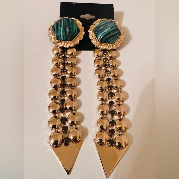 ASOS Green Marble Resin Stone and Gold Metal Link Dangle Earrings, NWT - Picture 4 of 8